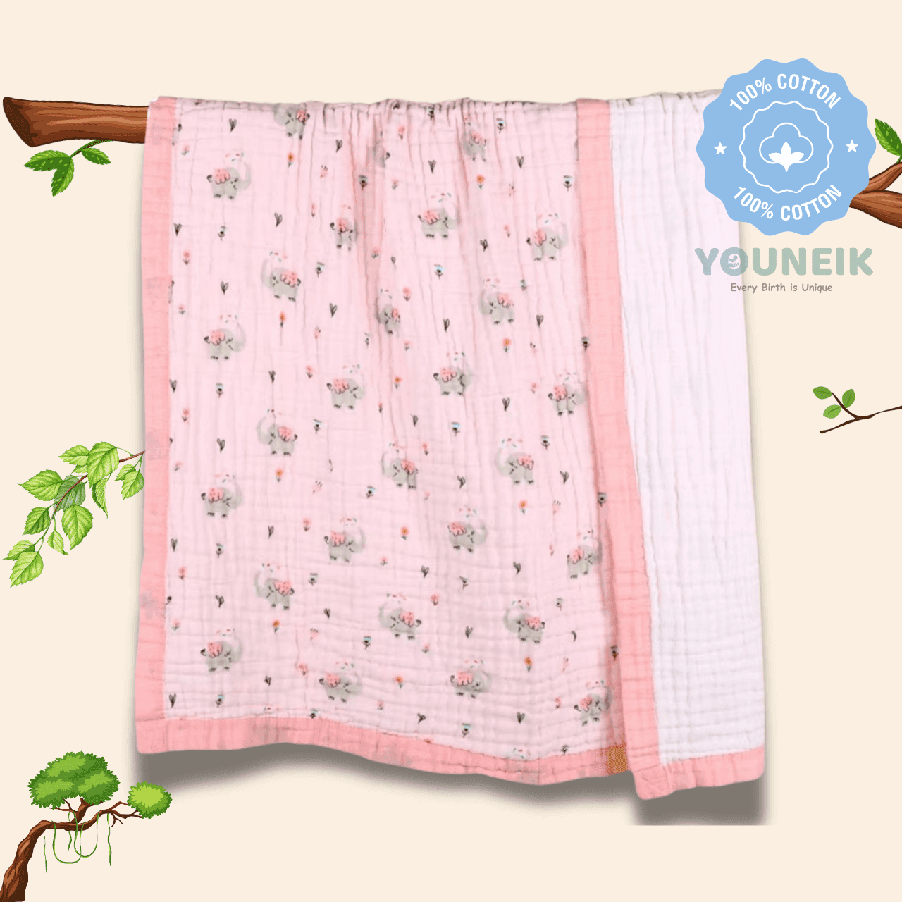 6Layer Muslin Blanket 105*105cm - Pink Elephant