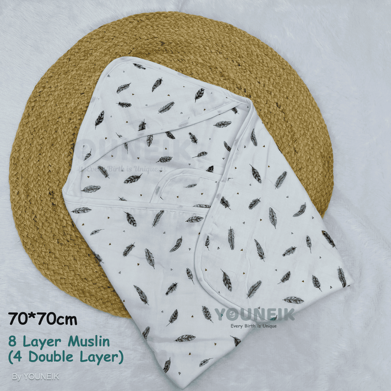 8 Layer Muslin Hooded Blanket - Feather