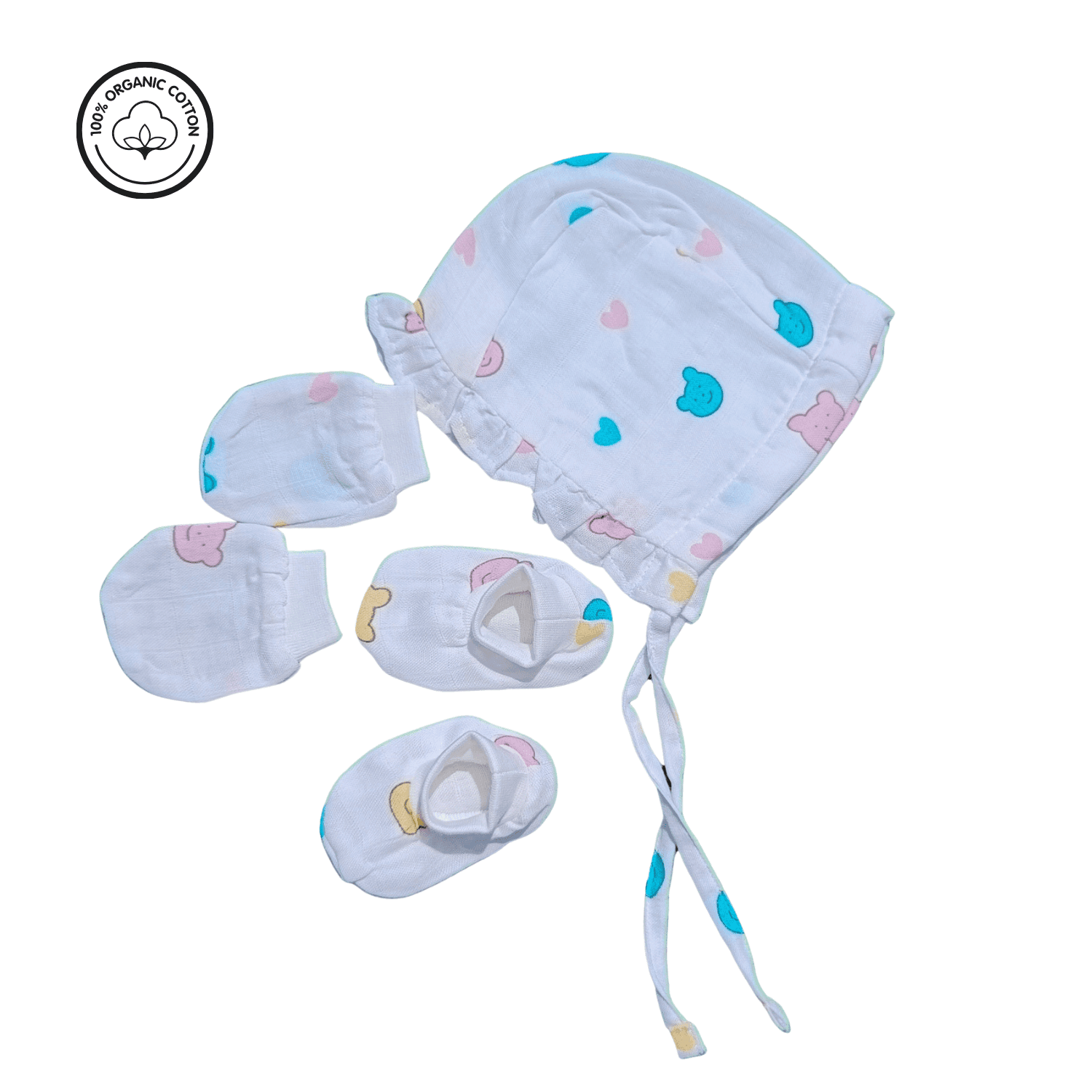 Organic Muslin Cap Mittens Booties | Bonnet Type