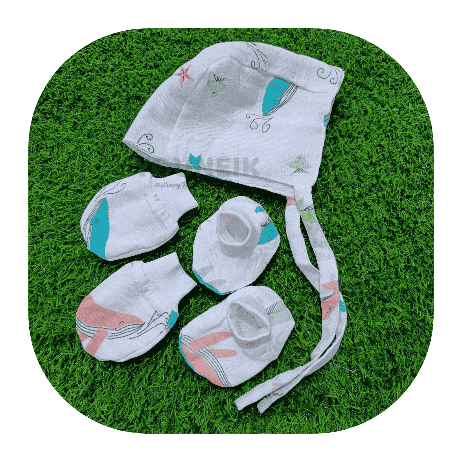Unisex Muslin Cap Mittens Booties | Double Layer| Dolphins