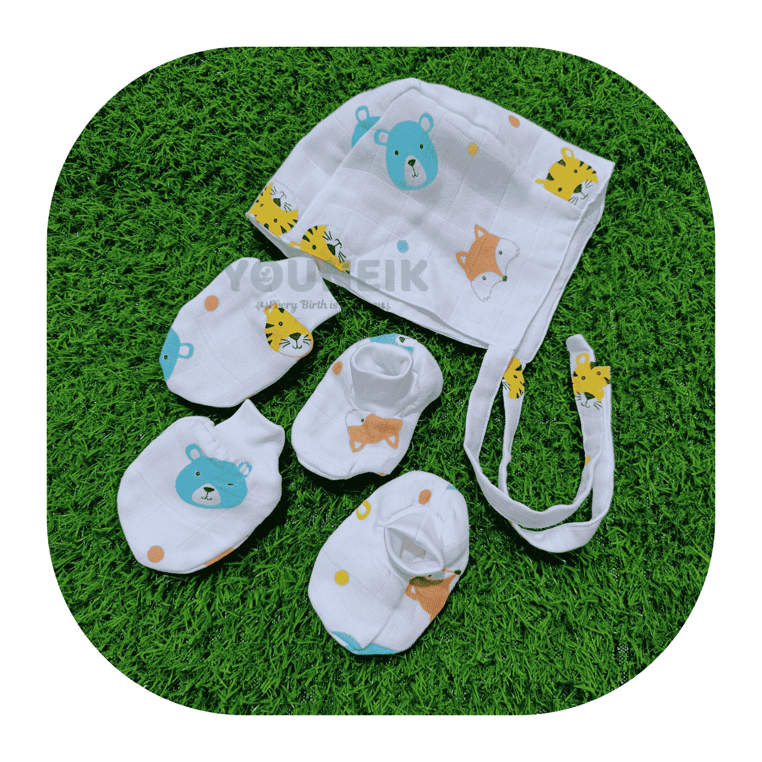 Unisex Muslin Cap Mittens Booties | Double Layer| Animals