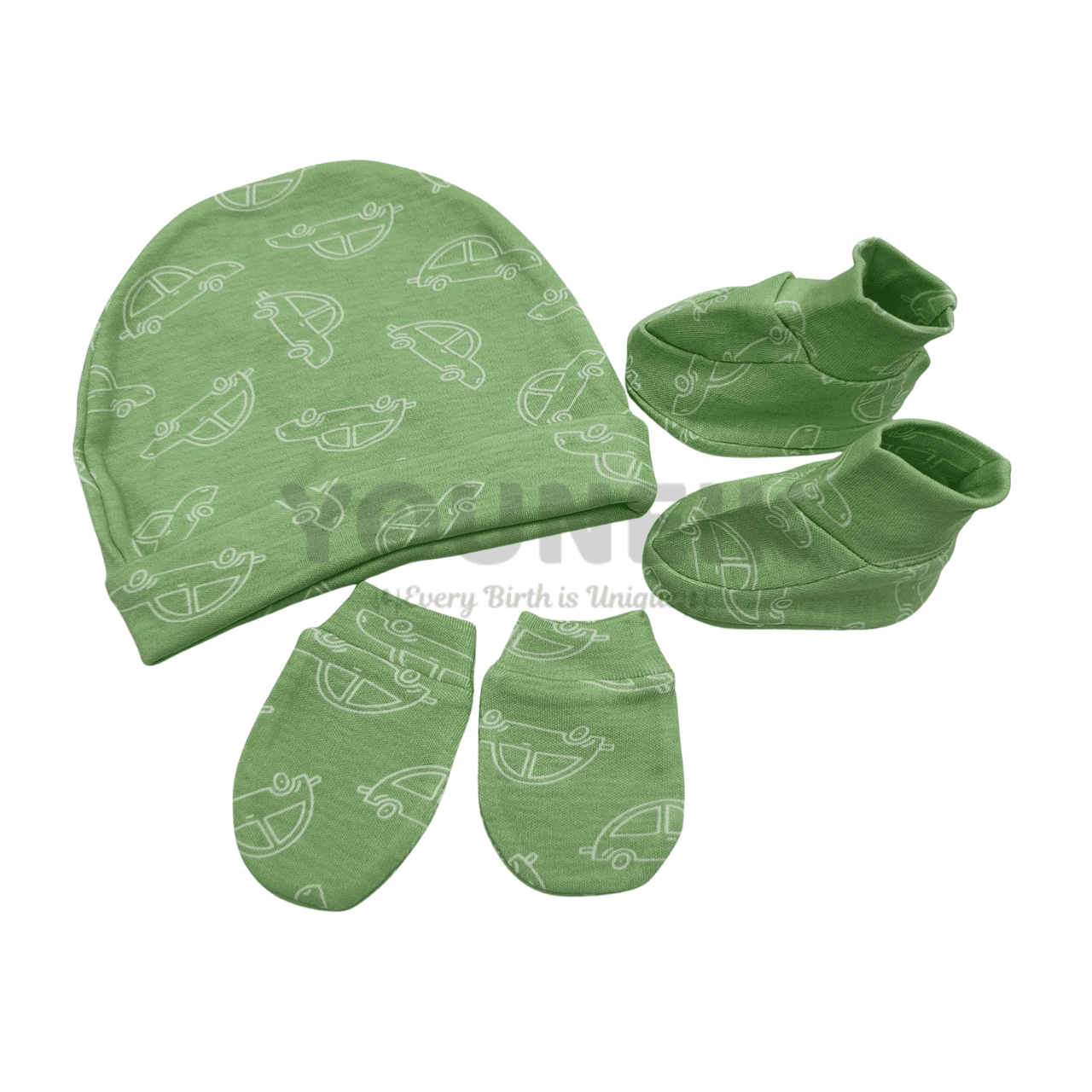 Knitted Cotton Cap Mittens Booties - Green