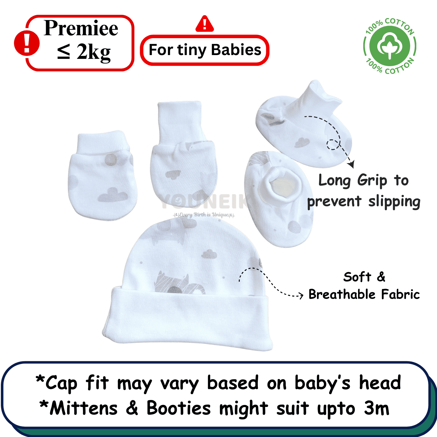 Cotton Cap Mittens Booties | Only Preemie (<2kg Babies)