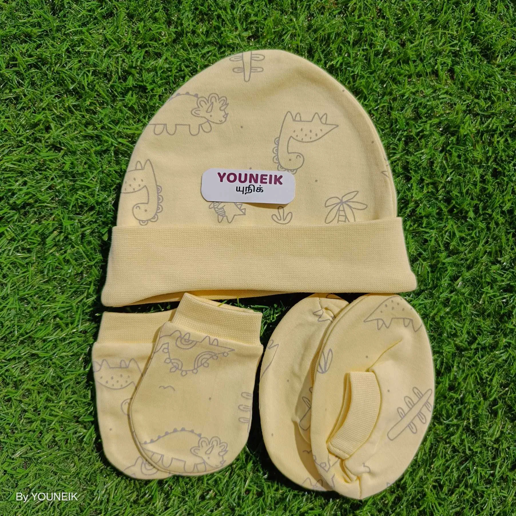Cotton Cap Mittens Booties 0-3m | Yellow Dino