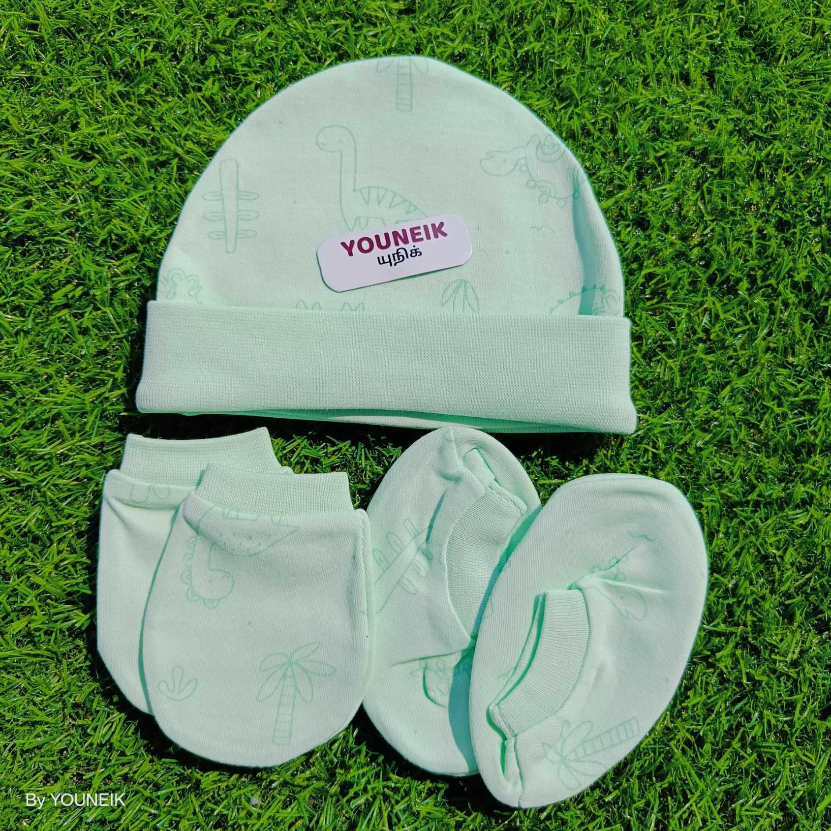 Cotton Cap Mittens Booties 0-3m | Green Dino