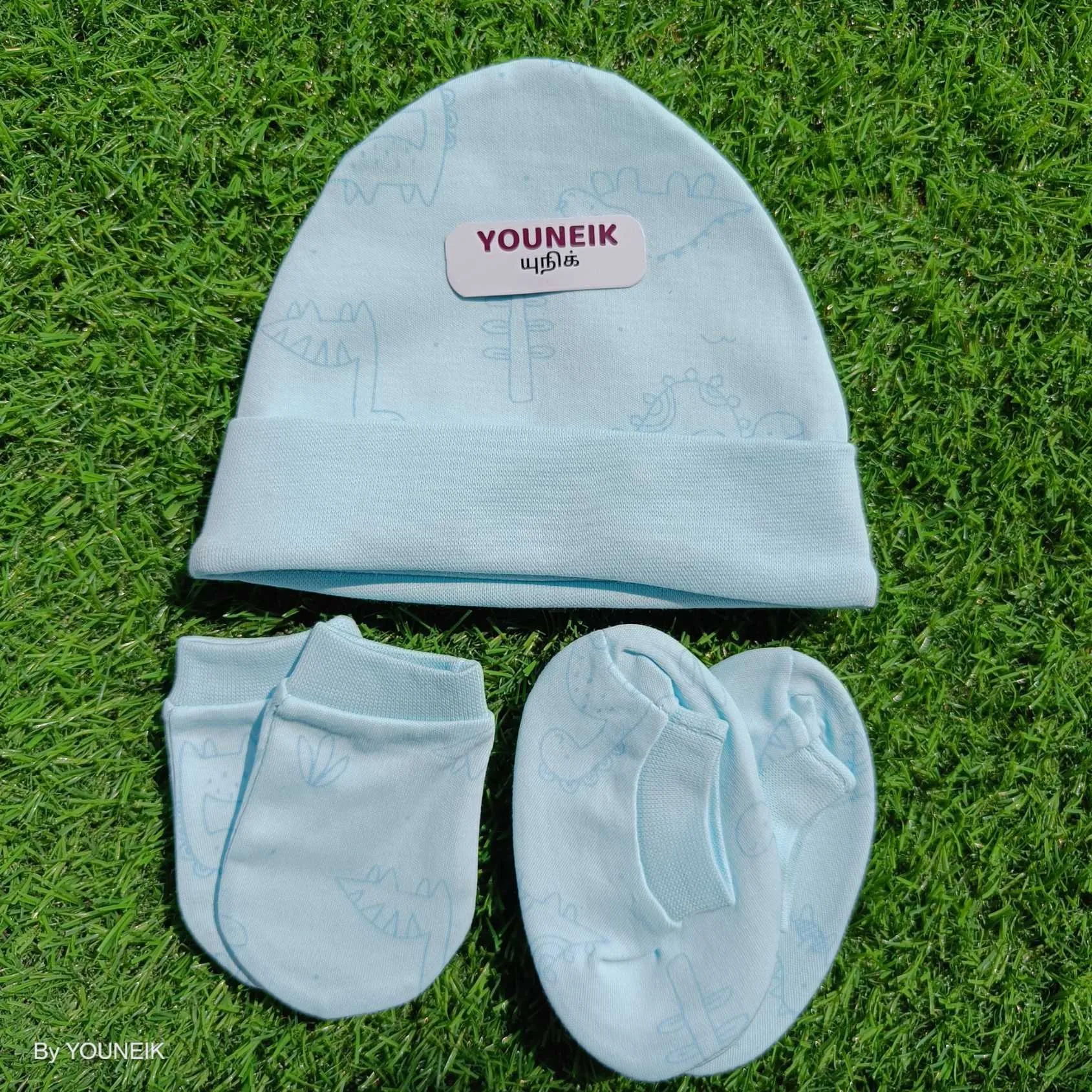 Cotton Cap Mittens Booties 0-3m | Blue Dino