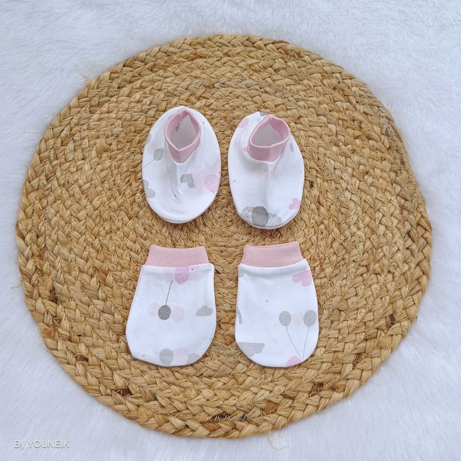 Cotton Mittens Booties 0-3m | Pink White Elephant
