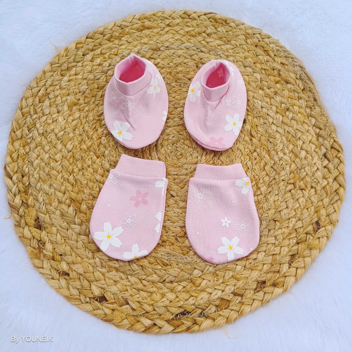 Cotton Mittens Booties 0-3m | Pink Flower