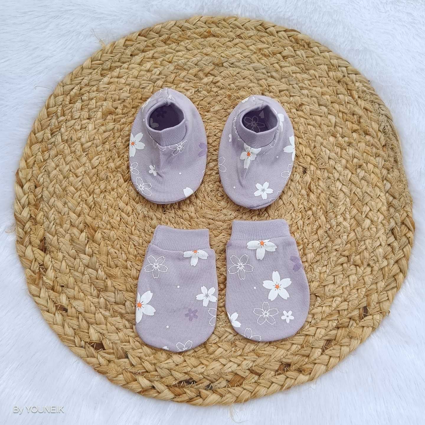 Cotton Mittens Booties 0-3m | Purple Flower