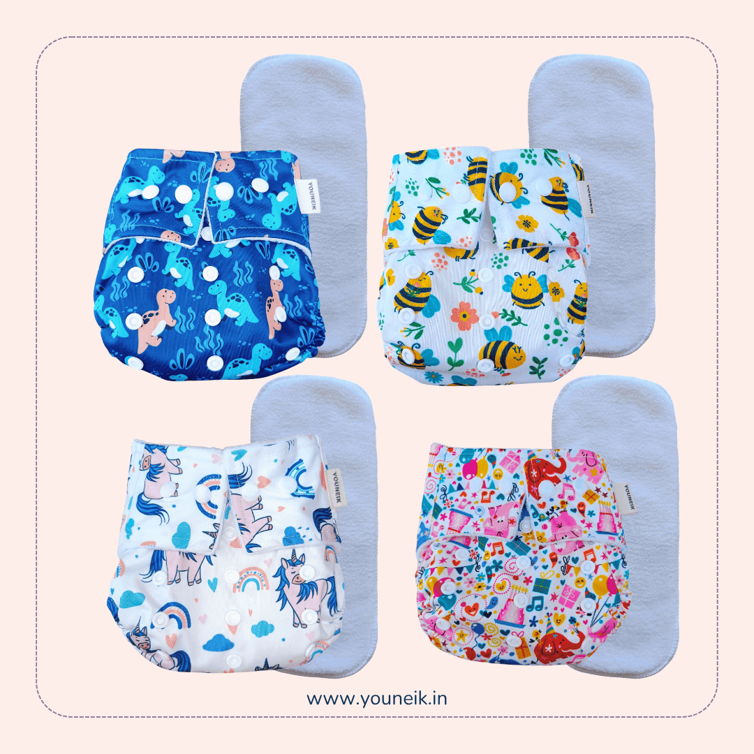 Reusable Cloth Diaper 3m-24m | Four Pieces | Pink Elephant