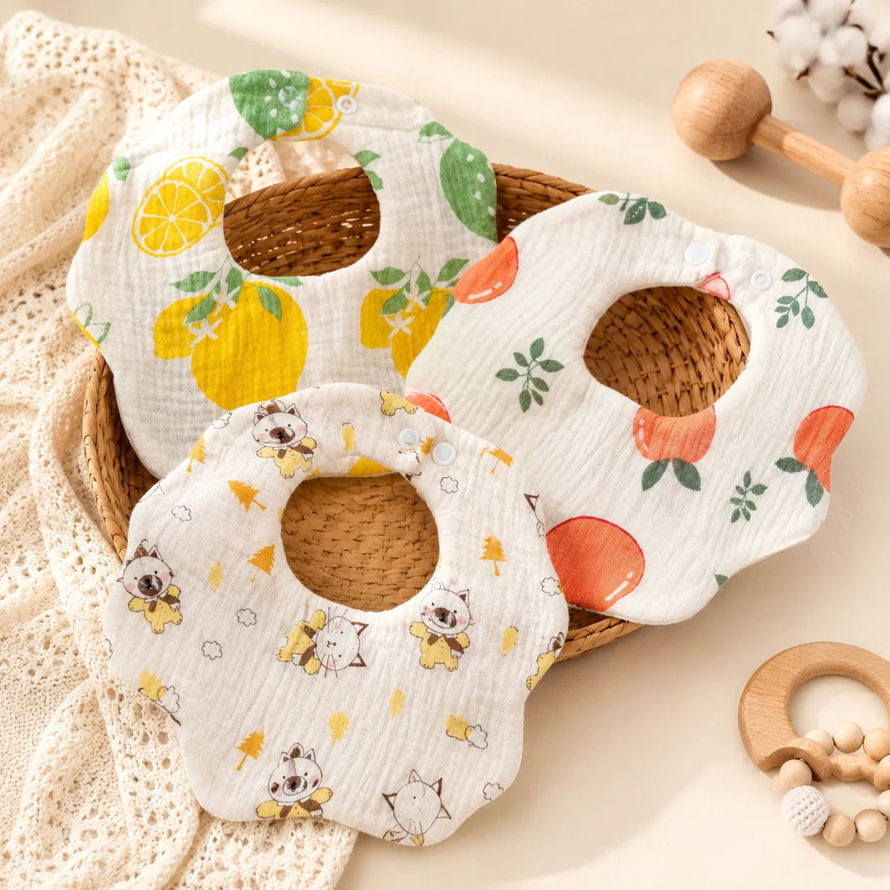 6 Layer Muslin Baby Bib Pack of 3 | Flower Shape Printed Bibs | Soft & Absorbent