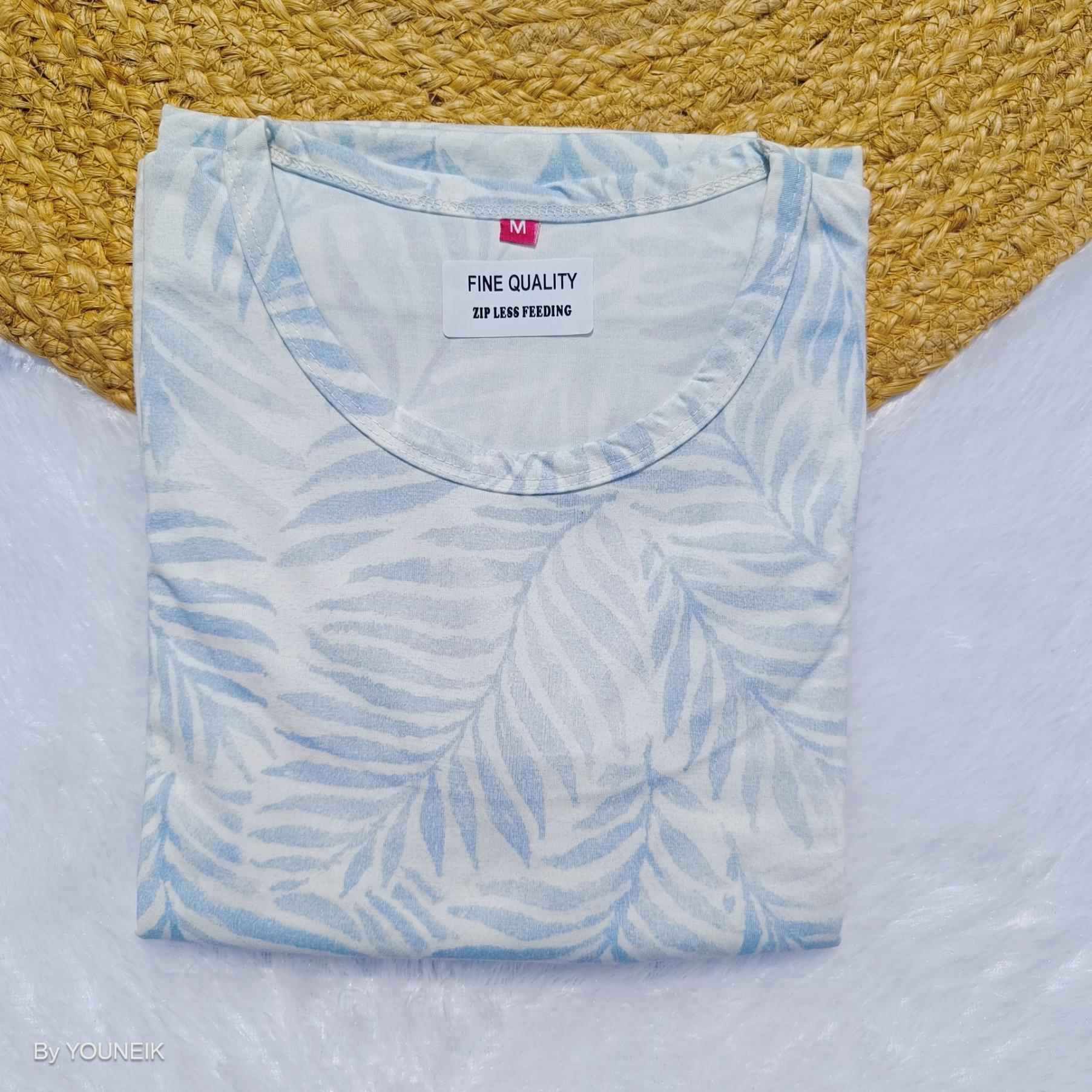 Zipless Feeding Gown - White Blue Palm Leaves ZG014