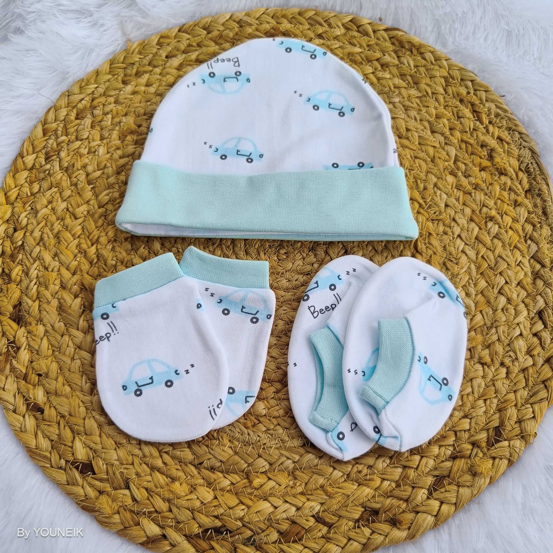 Cotton Cap Mittens Booties 0-3m | Blue White Car