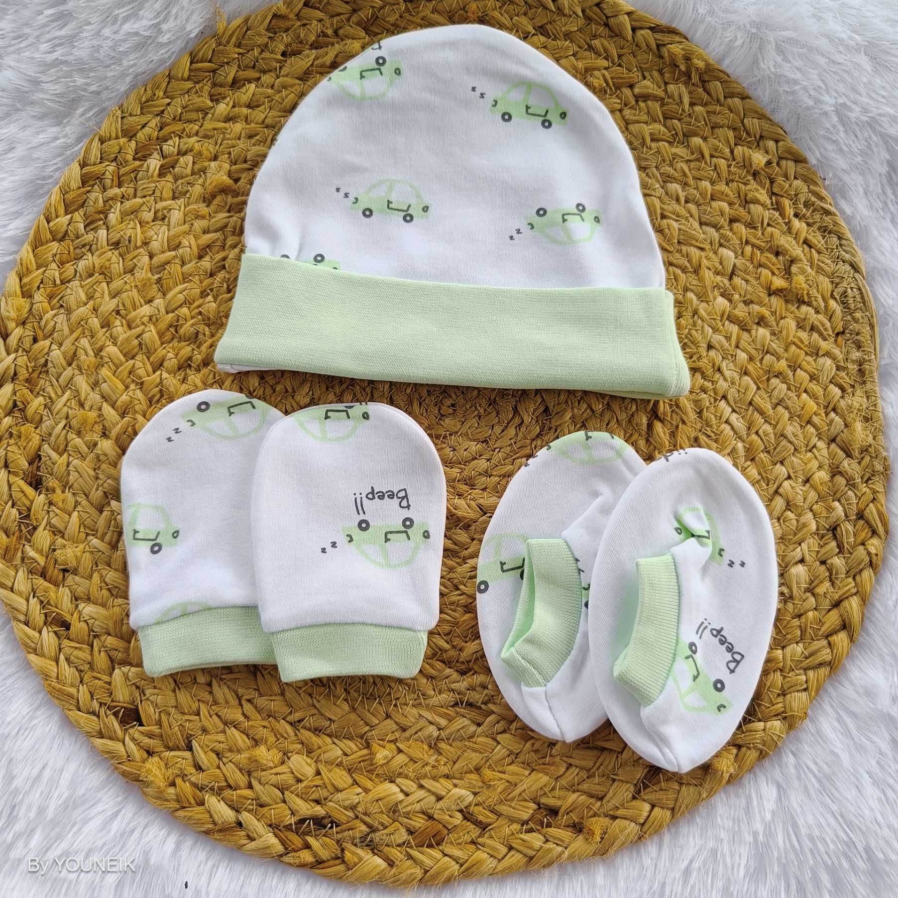 Cotton Cap Mittens Booties 0-3m | Green White Car