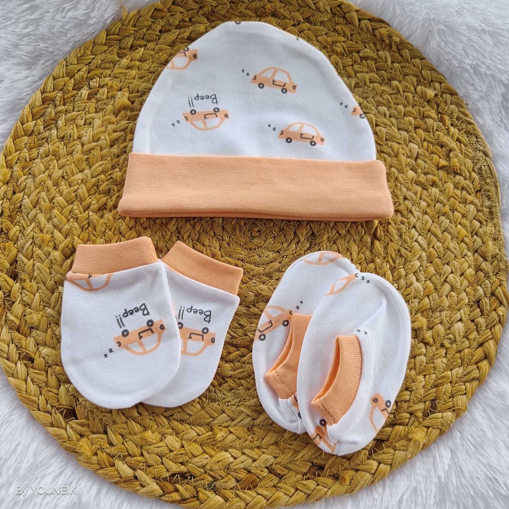 Cotton Cap Mittens Booties 0-3m | Orange White Car