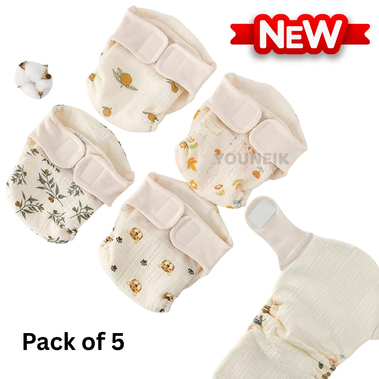New Muslin Cloth Diaper Leak-Proof - 5 Pieces Pack