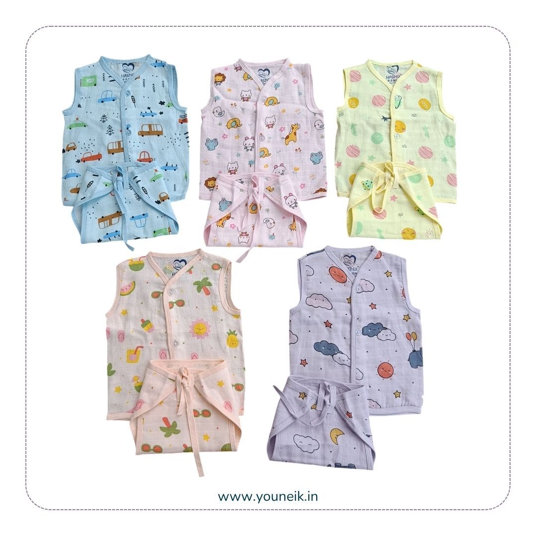 Muslin Jabla & Langots 5 Sets 0-3m | Solid Colour Printed