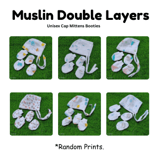 Muslin Cap Mittens Booties | Double Layer