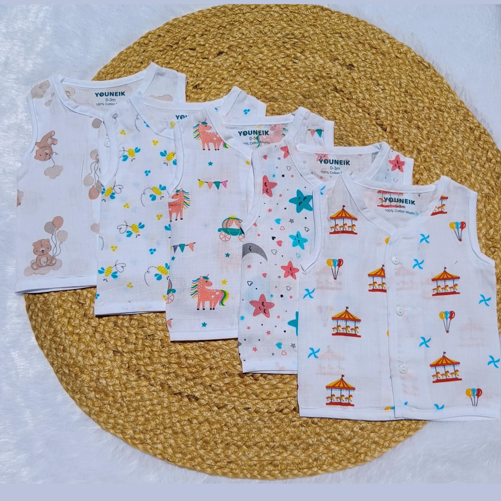 Muslin Jabla Button 0-12m | 5 Pieces - Teddy