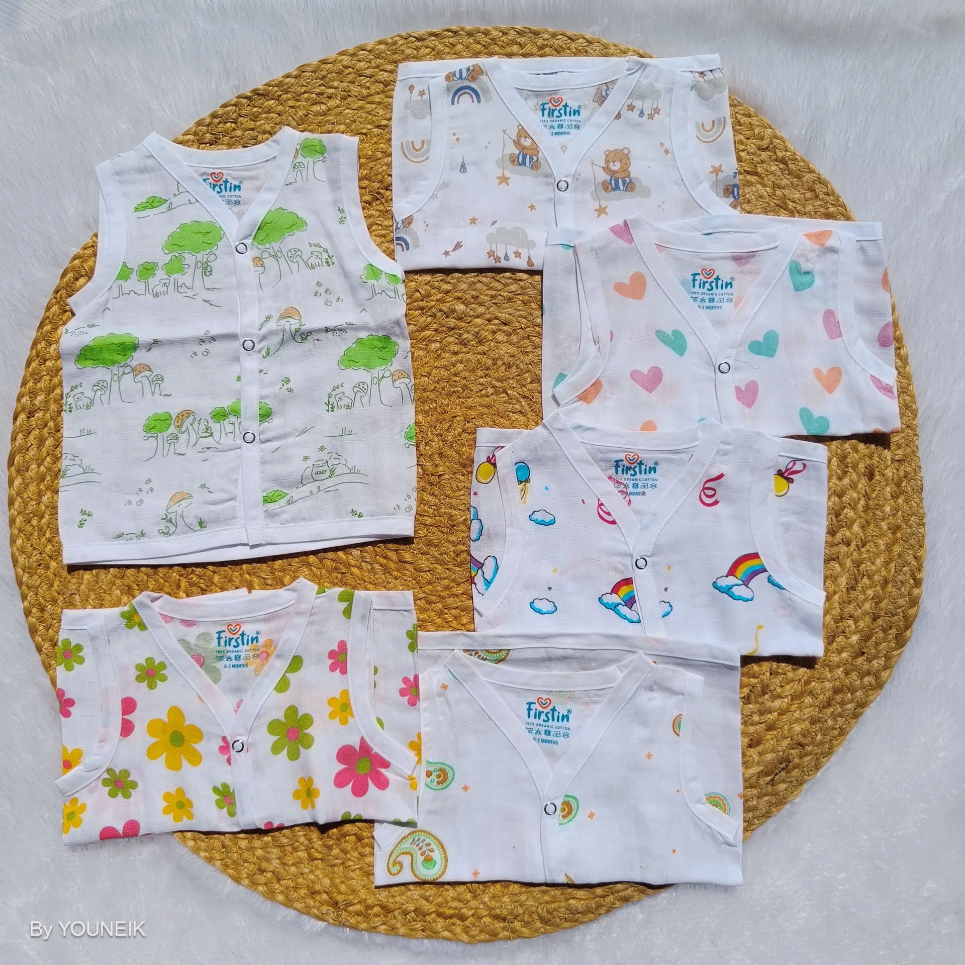 100% Organic Muslin Cotton Jabla ā White Printed Snap Button Baby Jabla 6 Pcs Combo
