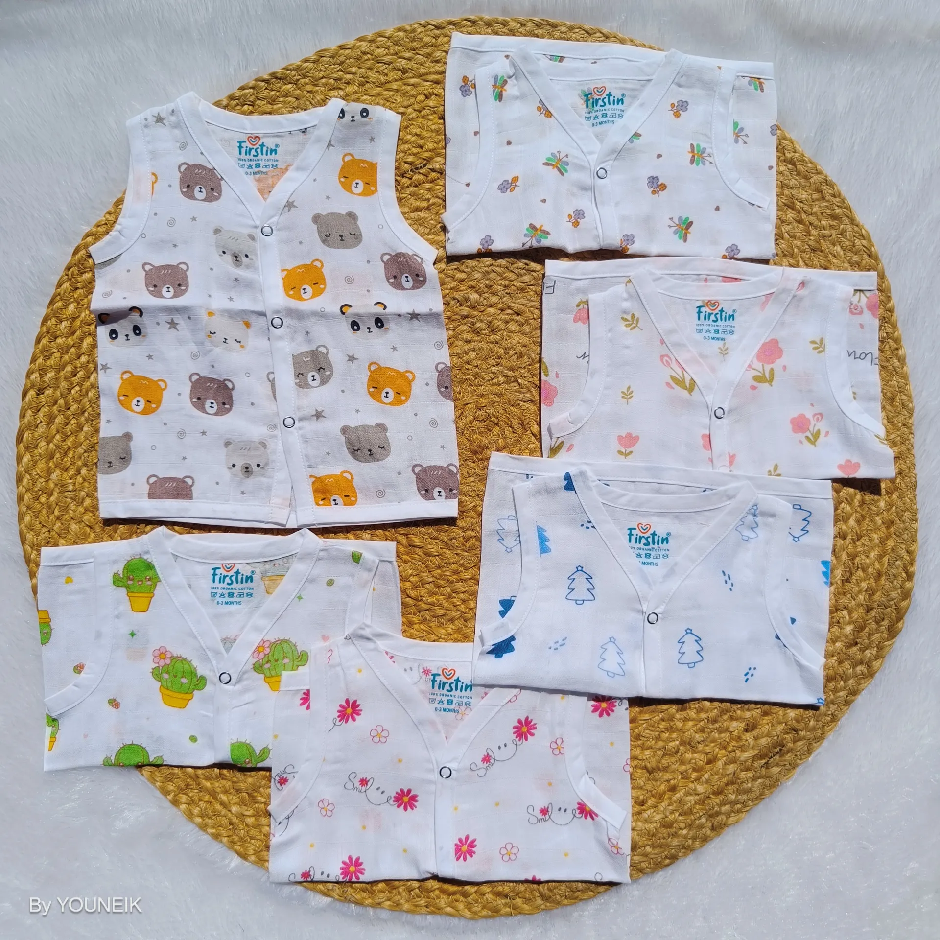 100% Organic Muslin Cotton Jabla – White Printed Snap Button Baby Jabla 6 Pcs Combo