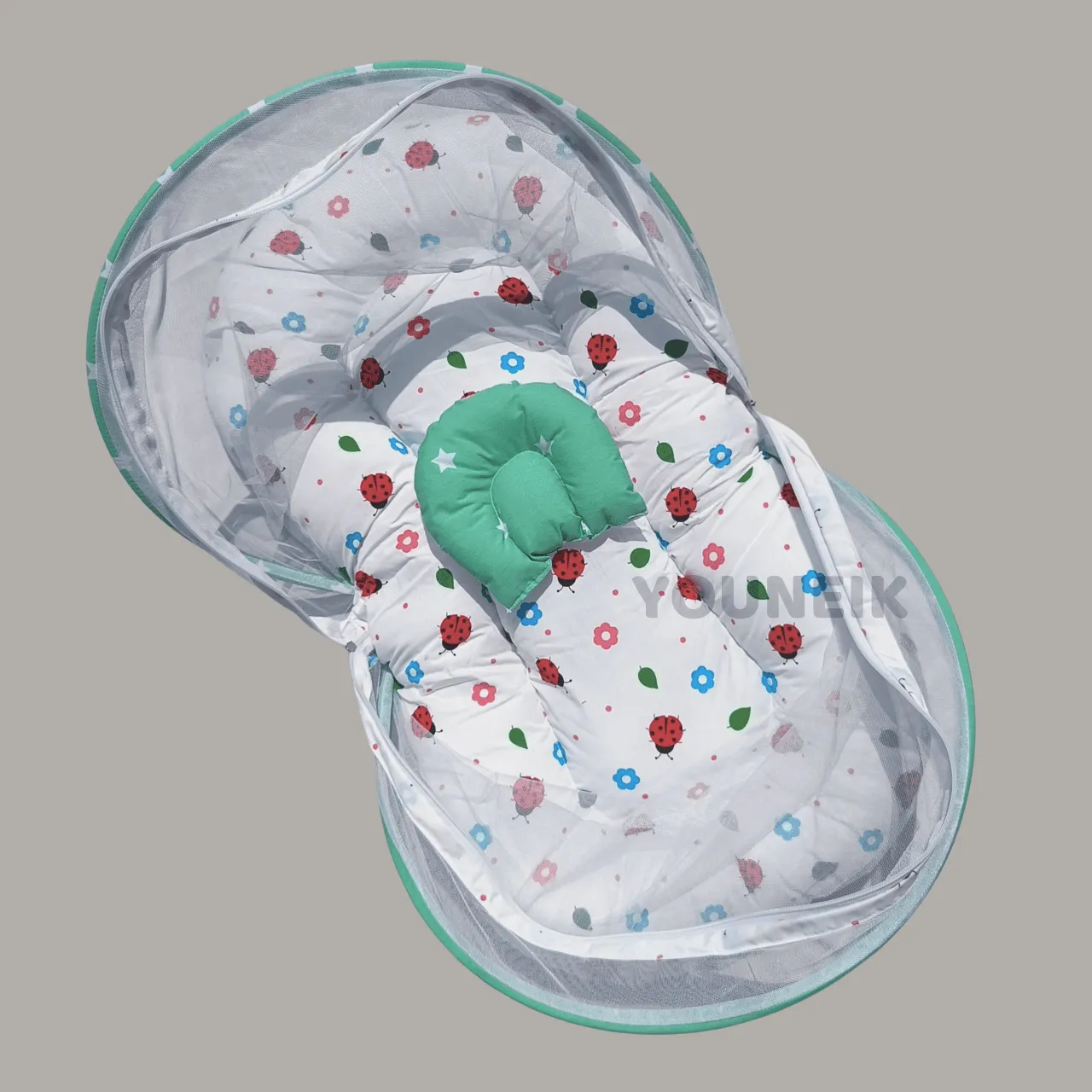 Small Mosquito Net Bed with Head Pillow for Baby - Green Lady bugs
