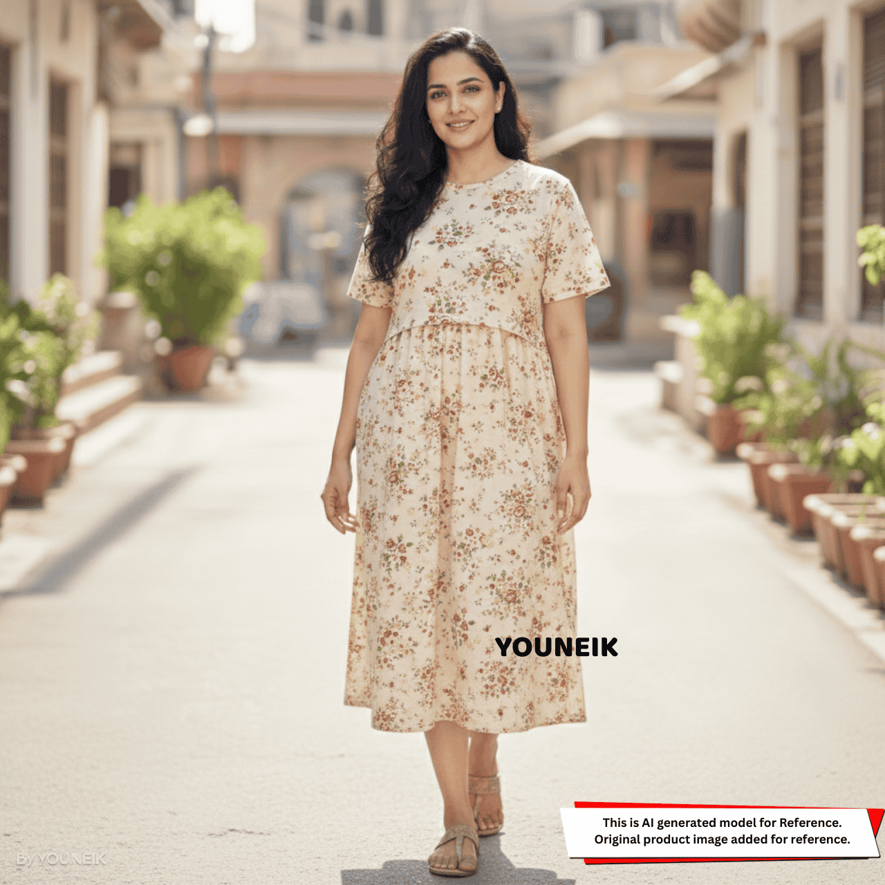 Zipless Feeding Gown - Ivory Red Flowers ZG012