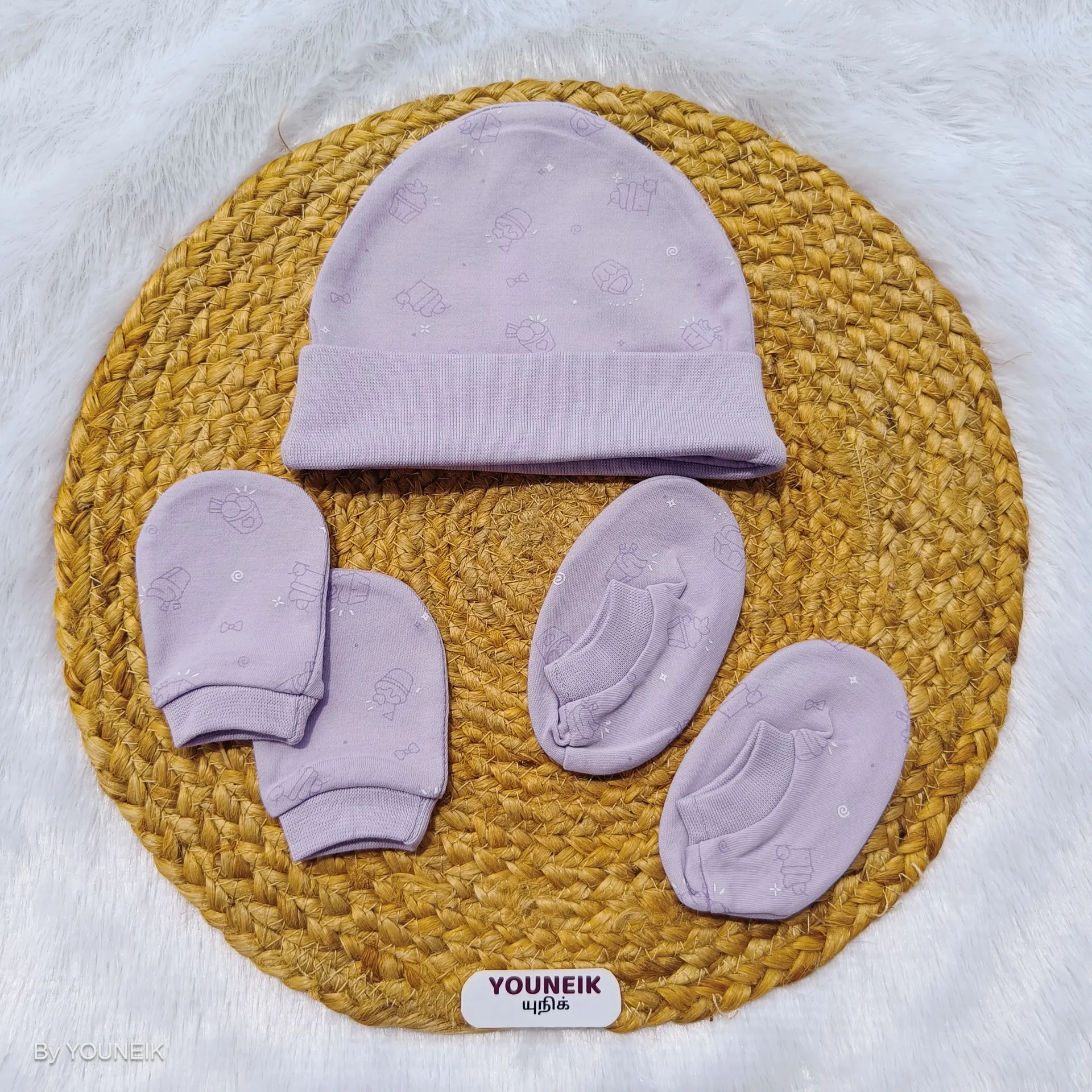 Cotton Cap Mittens Booties 0-3m | Purple Cup Cake