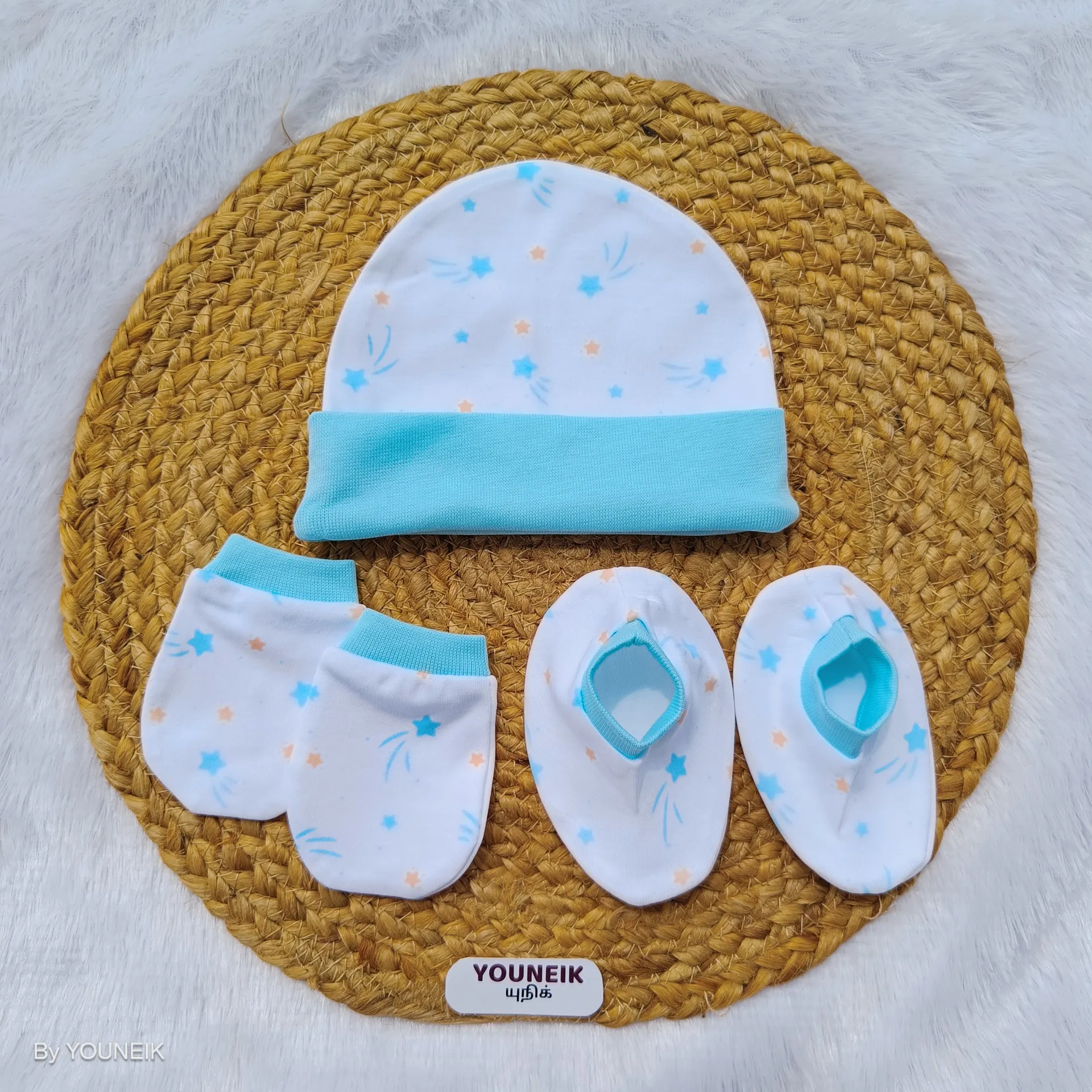 Cotton Cap Mittens Booties 0-3m | White Blue Star