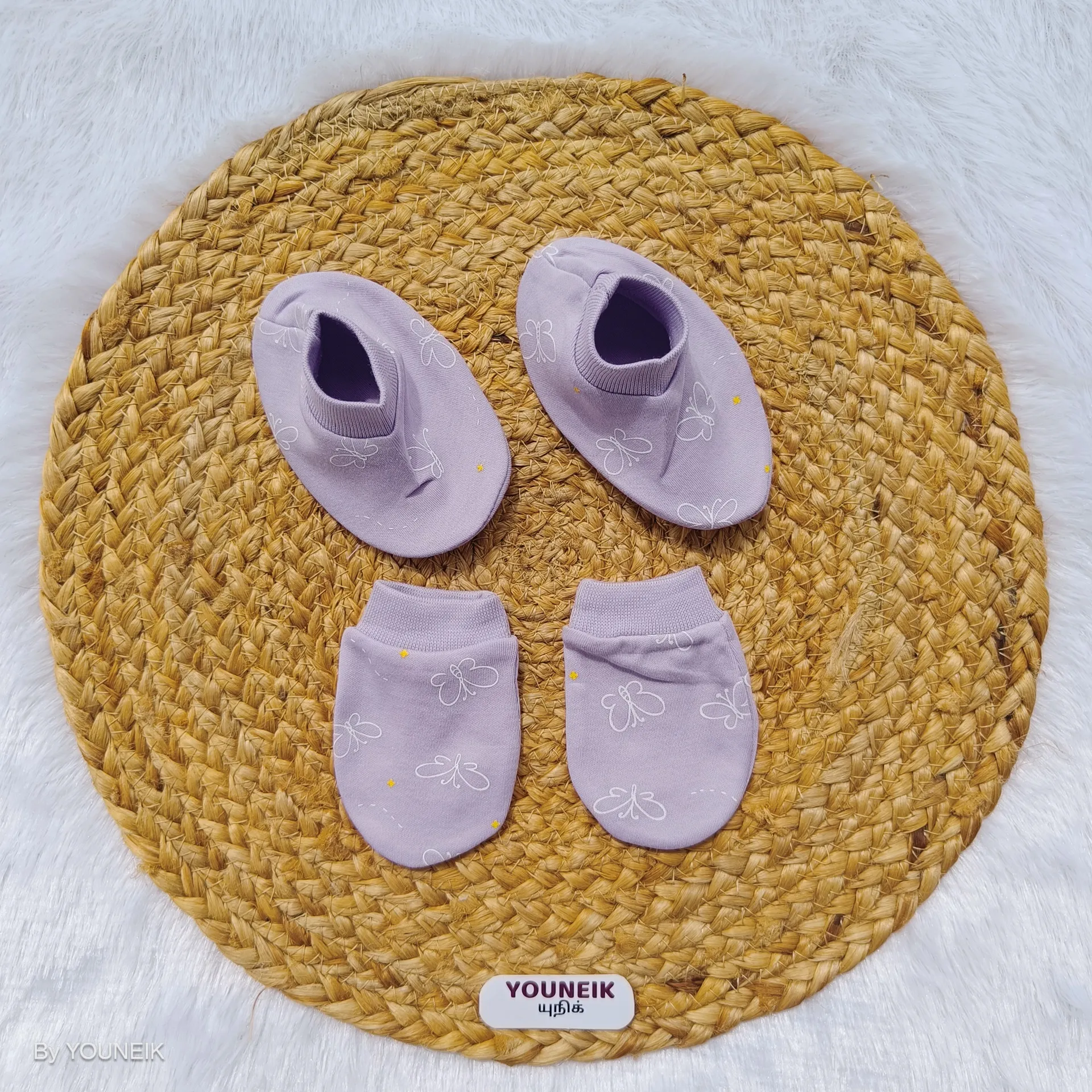 Cotton Mittens Booties 0-3m | Purple Butterfly