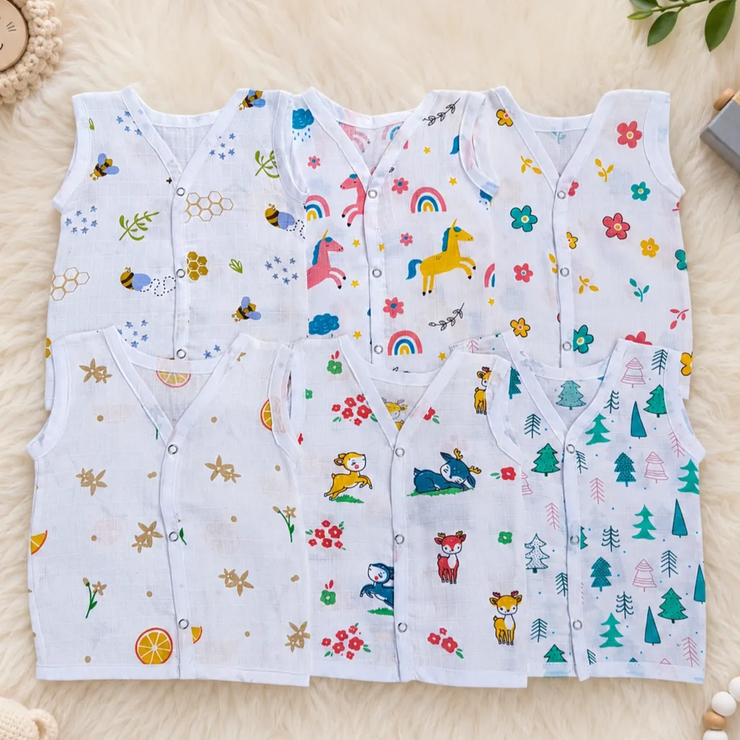 Muslin Cotton Baby Jabla Combo Pack of 6 (0–3 Months) | Soft Sleeveless Front Vest