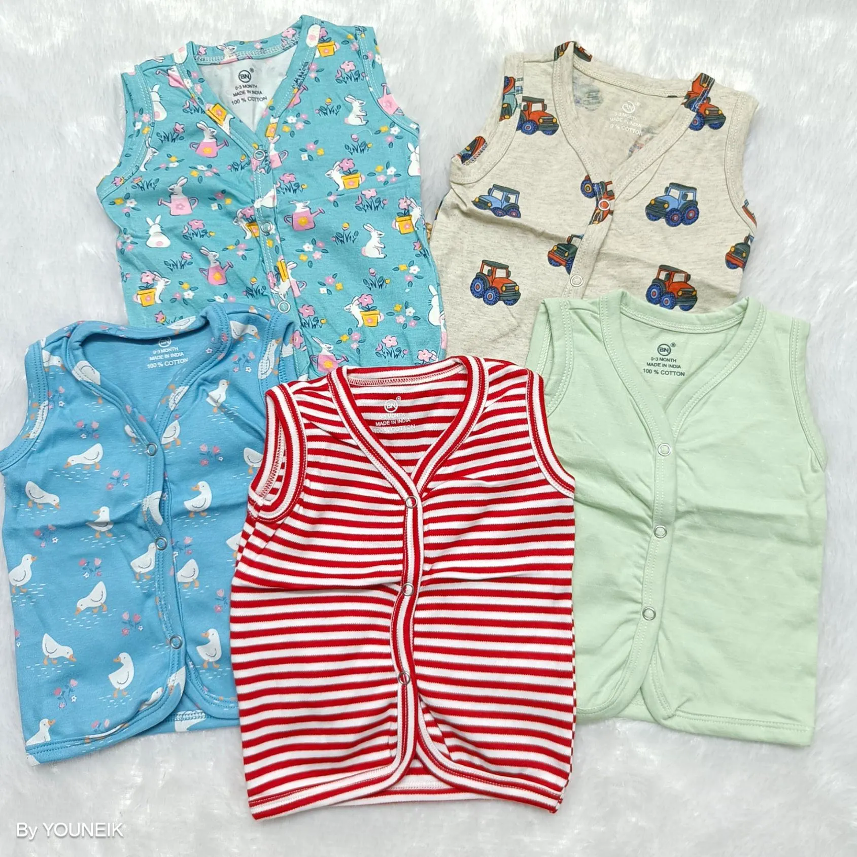 Knitted Cotton Printed Baby Jabla 5 Pieces | Sleeveless Front Open | 100% Cotton | Baniyan Cloth