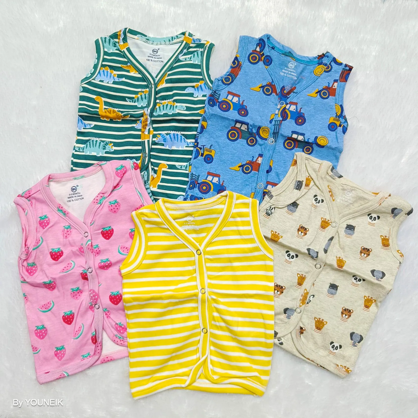 Knitted Cotton Printed Baby Jabla 5 Pieces | Sleeveless Front Open | 100% Cotton | Baniyan Cloth