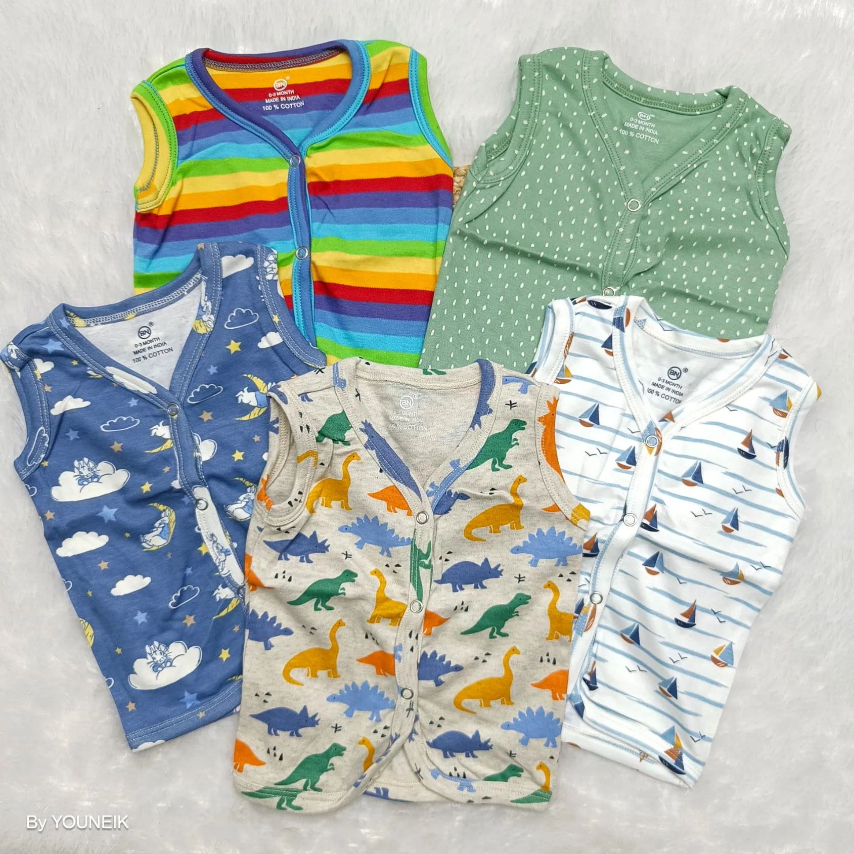 Knitted Cotton Printed Baby Jabla 5 Pieces | Sleeveless Front Open | 100% Cotton | Baniyan Cloth
