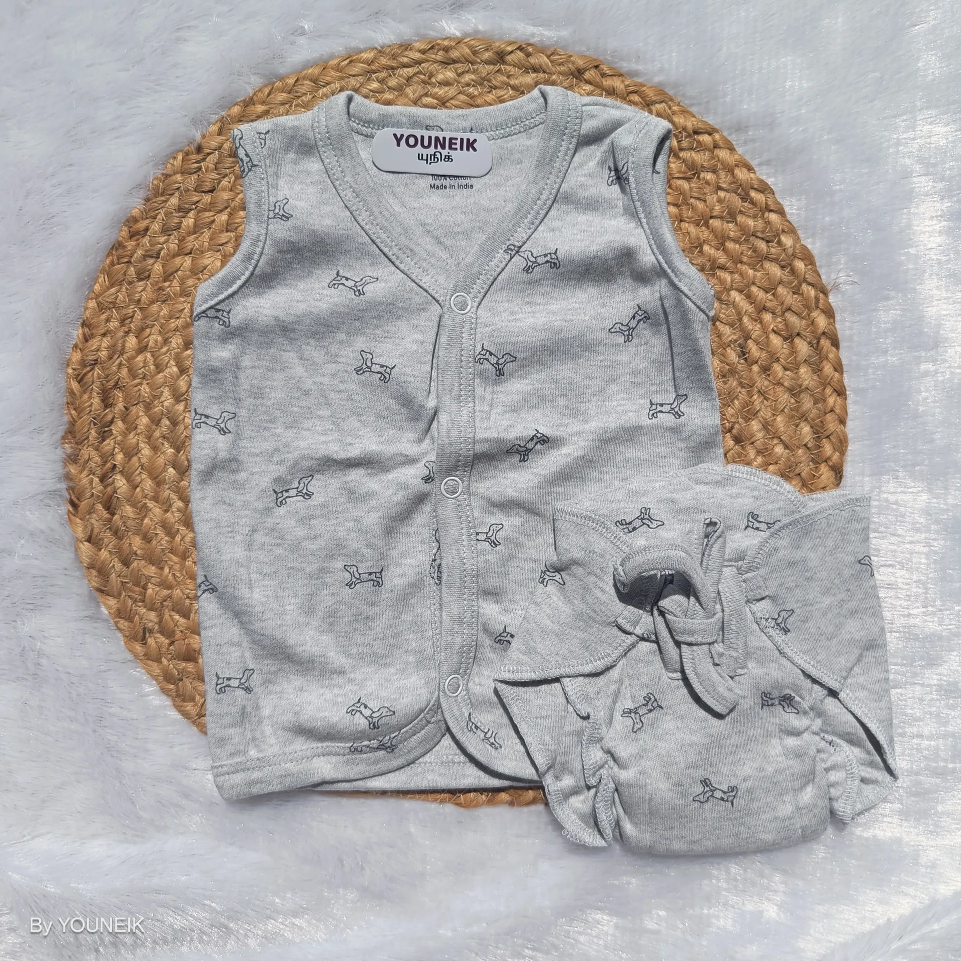Newborn Baniyan Jabla & Nappy Set | Knitted Cotton | Grey Dog