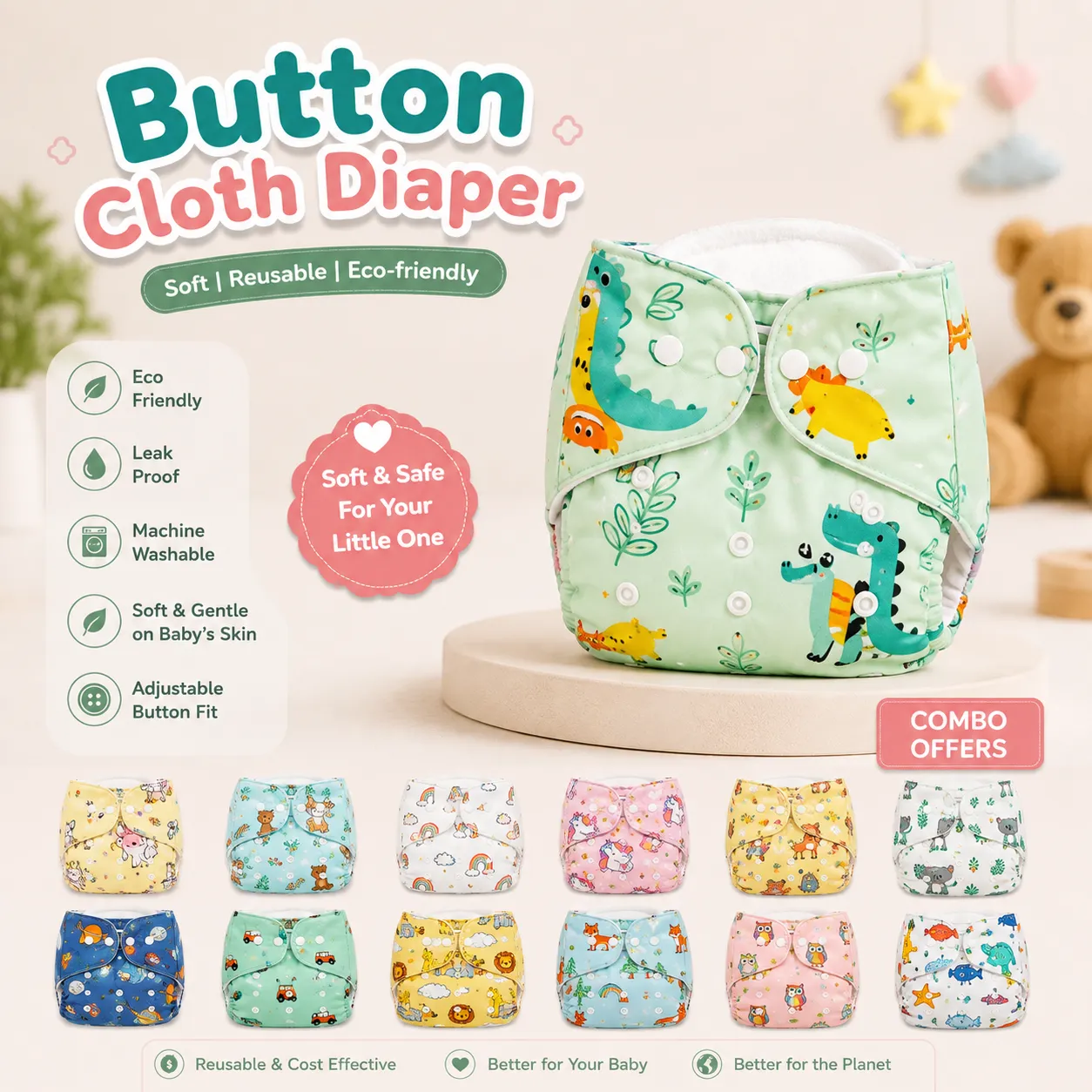 Button Light Weight Cloth Diaper 0 to 24m
