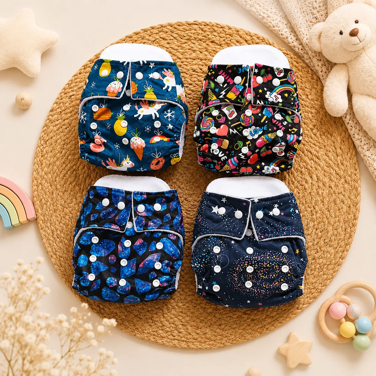 Fluffy Reusable Cloth Diaper 3m-24m | Four Pieces | Unicorn Combo