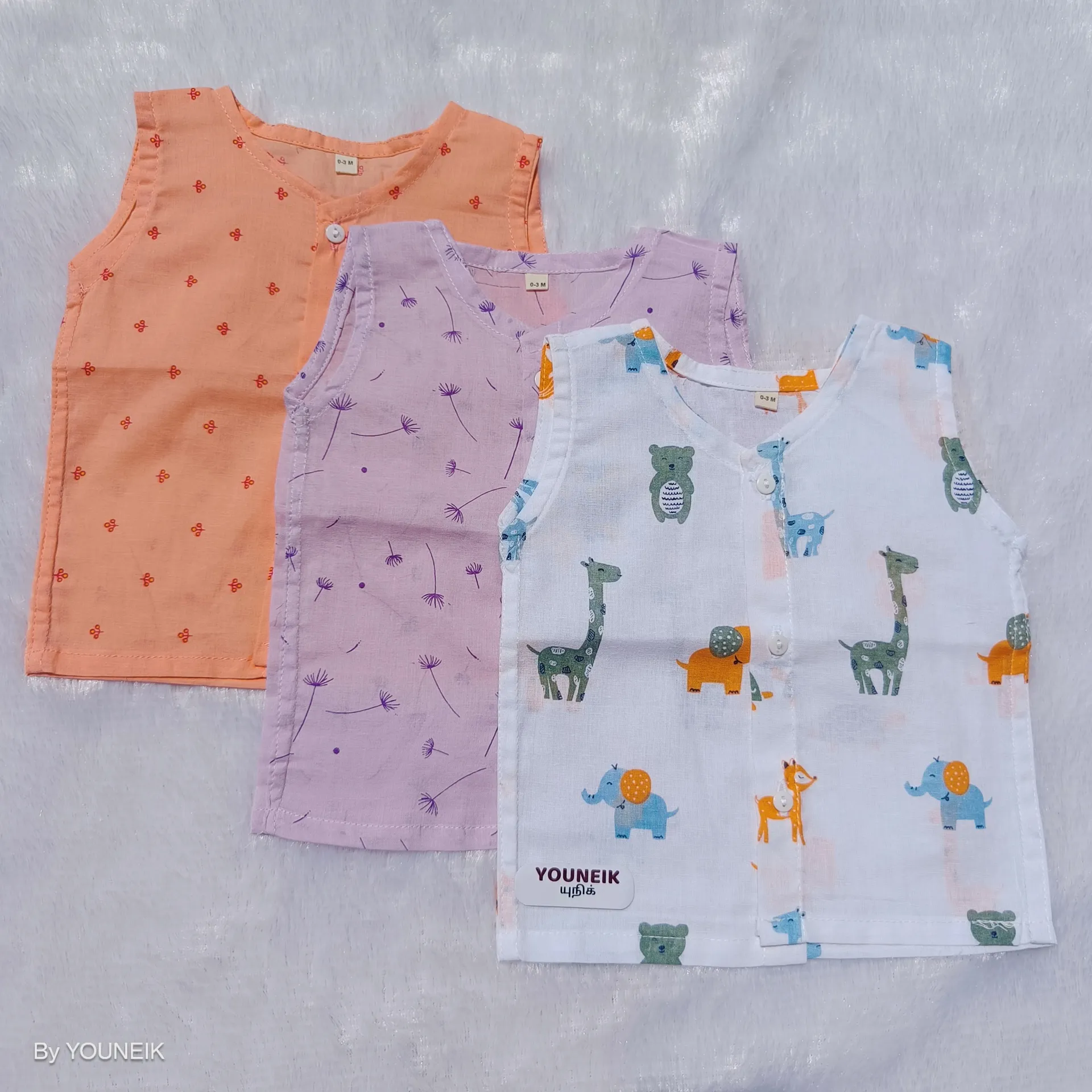 3 Pieces | 0-3m 100% Cotton Printed Sleevless Baby Jabla