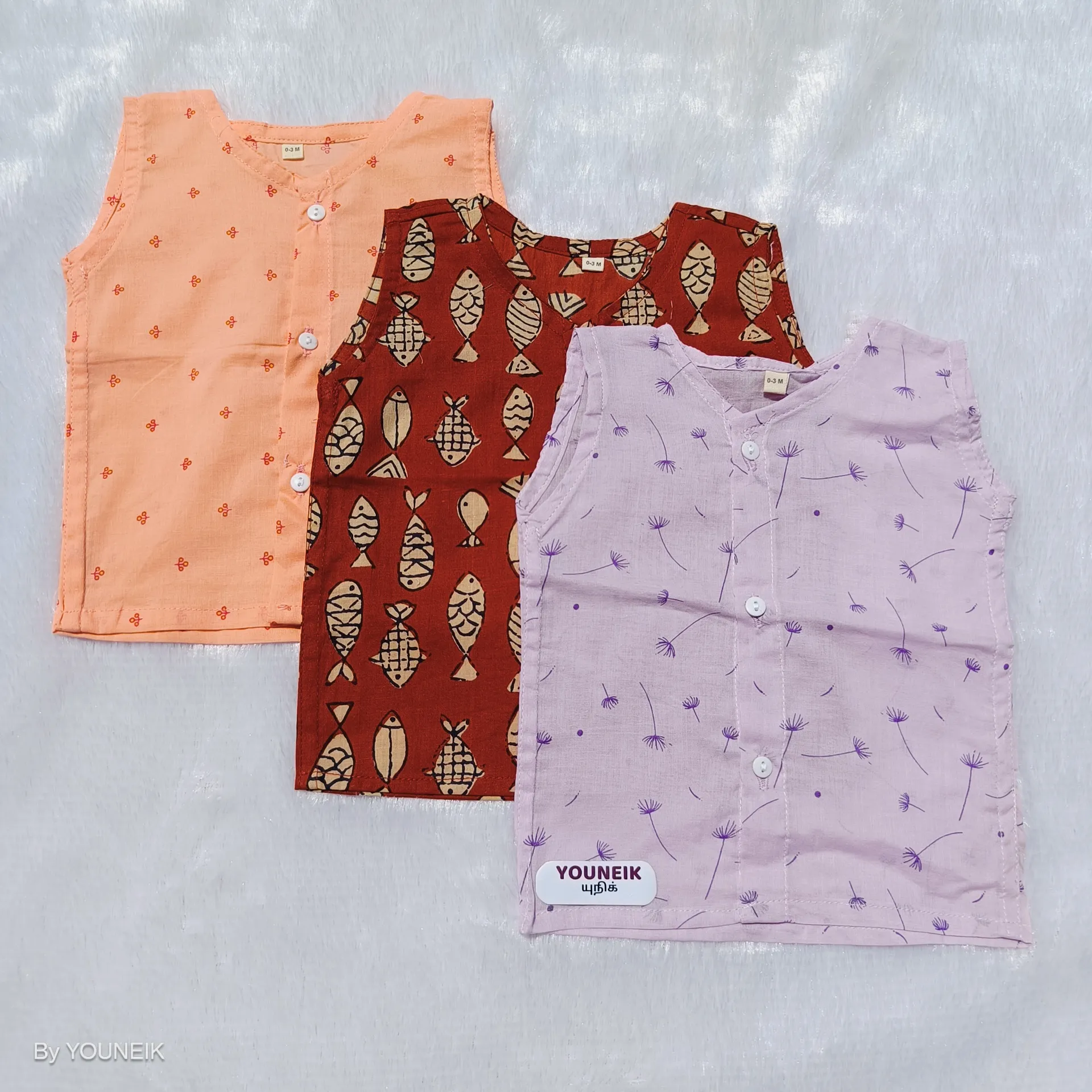 3 Pieces | 0-3m 100% Cotton Printed Sleevless Baby Jabla