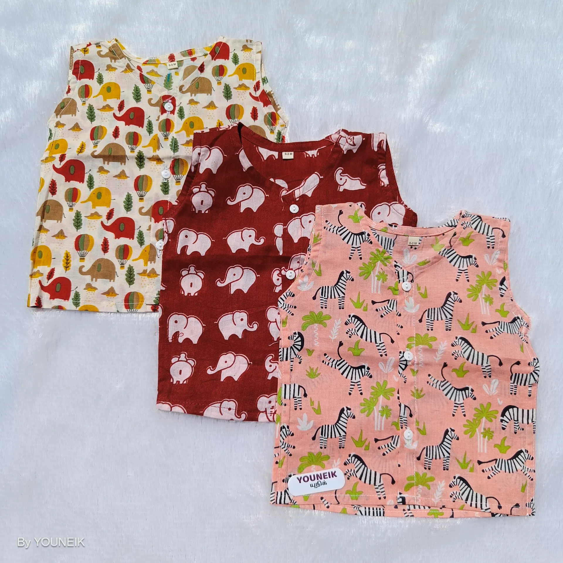 3 Pieces | 0-3m 100% Cotton Printed Sleevless Baby Jabla