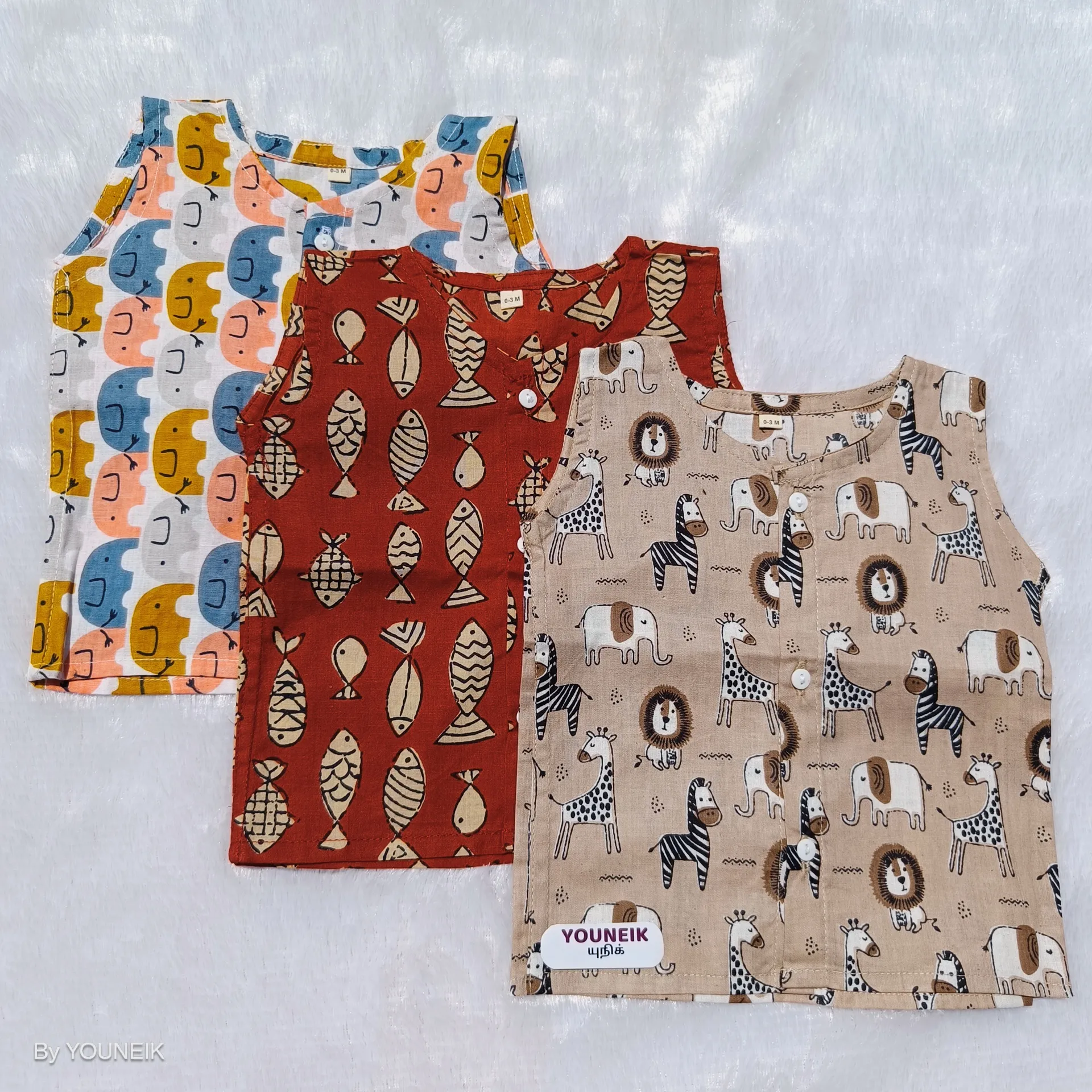 3 Pieces | 0-3m 100% Cotton Printed Sleevless Baby Jabla