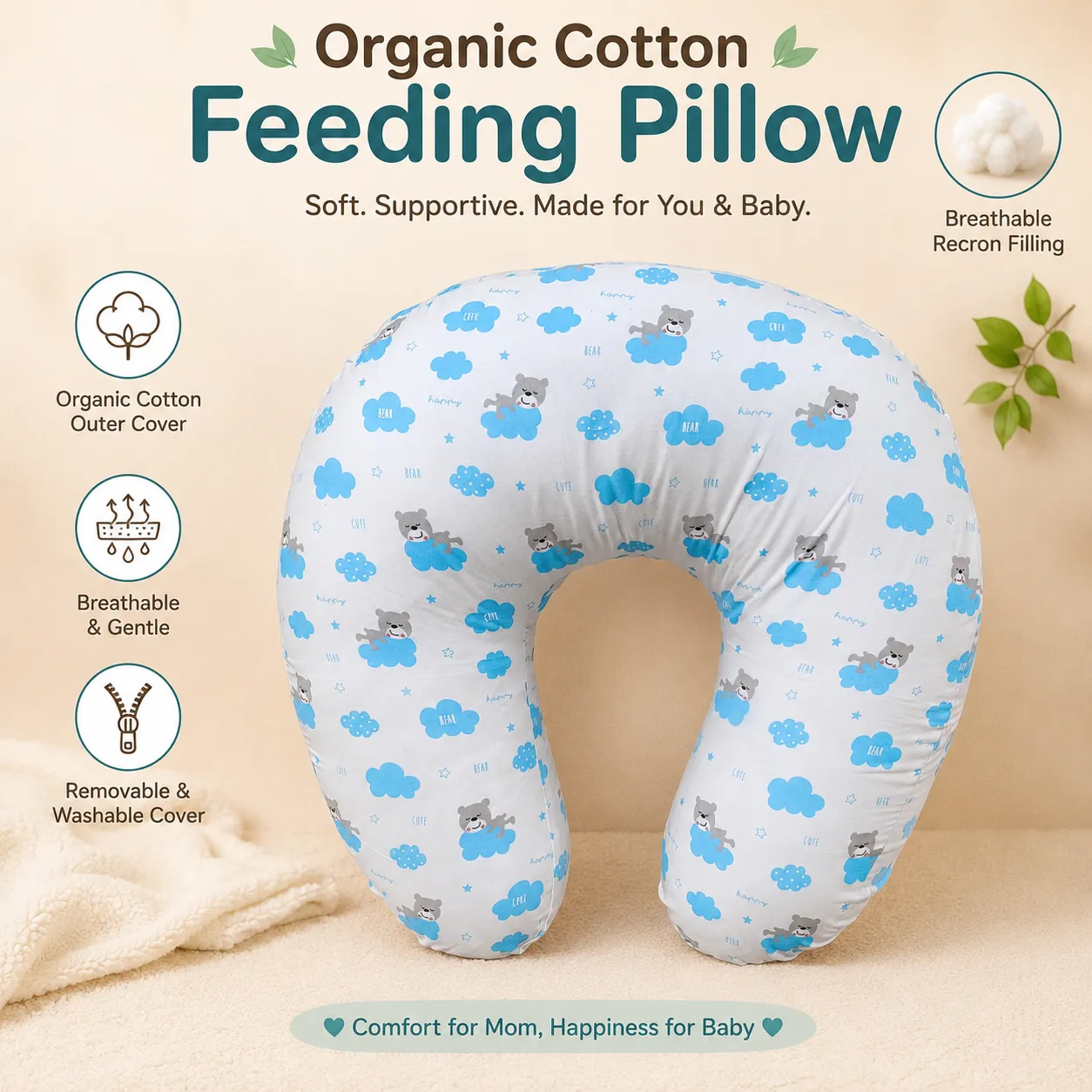 Organic Cotton C-Shape Feeding Pillow | Recron Filled | Regular Size - Blue Cloud