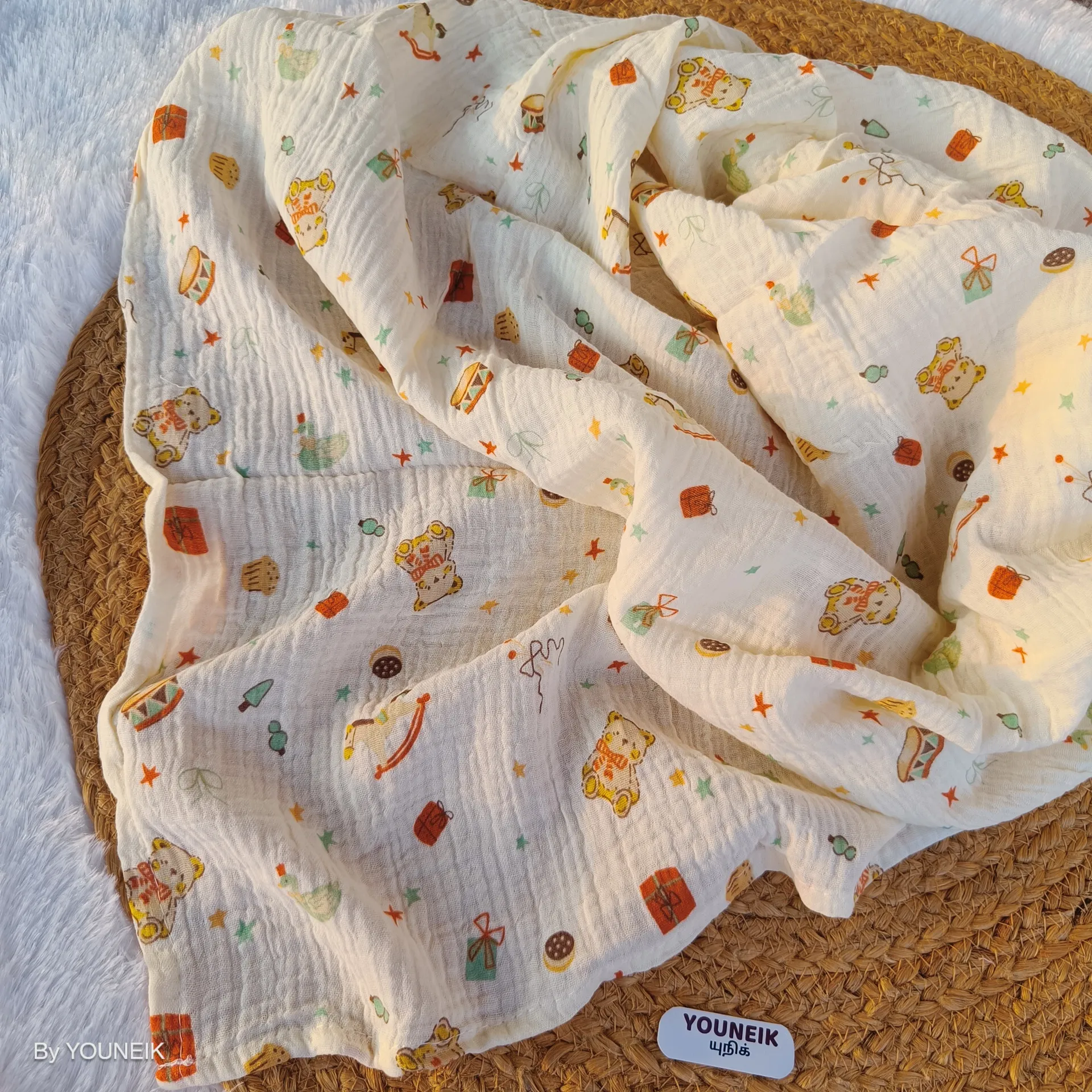 Ivory Crinkled Muslin Baby Swaddle 105×105 cm | Soft & Breathable Multi-Purpose Swaddle