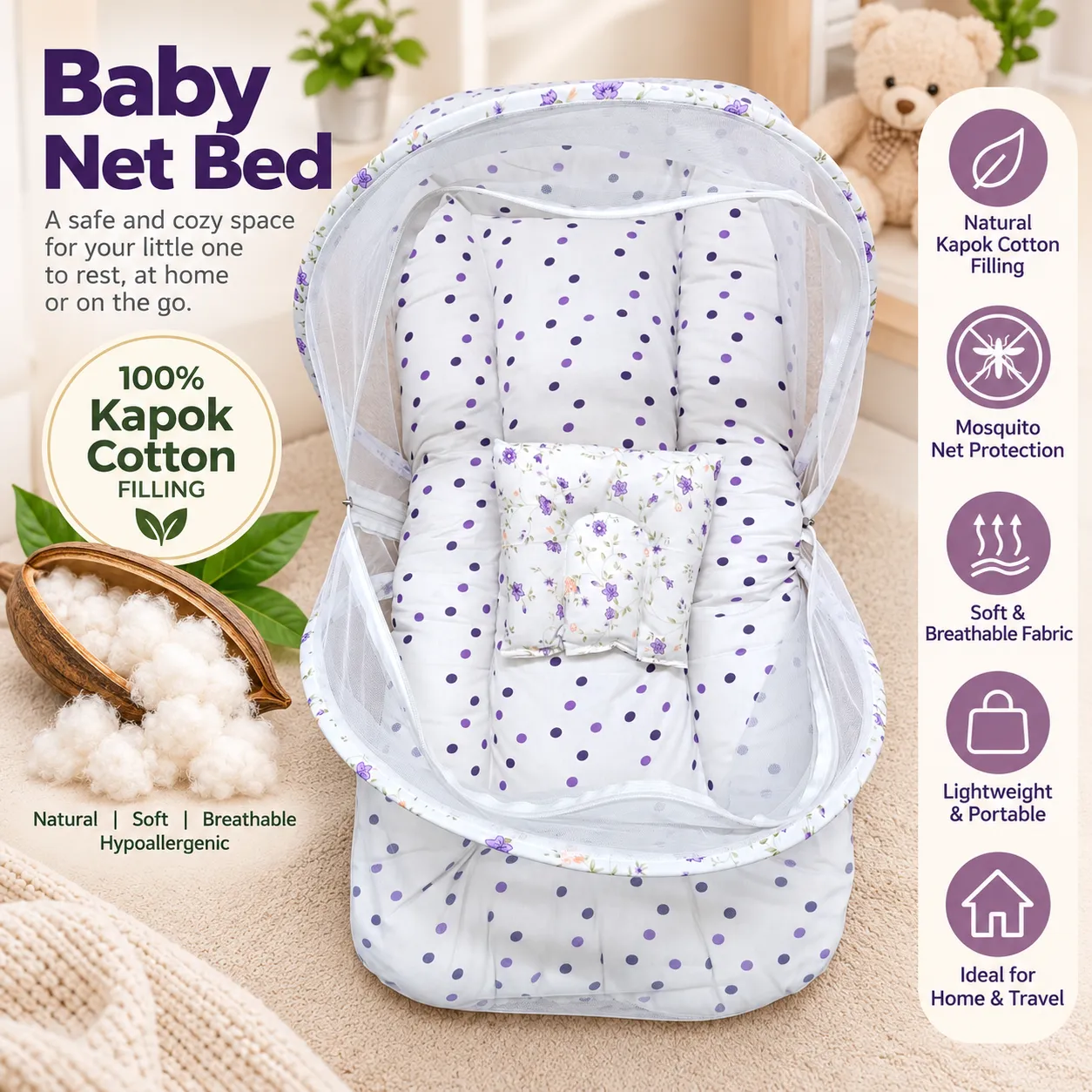 Baby Net Bed with Kapok Filling | 100% ilavampanju Filling | White Flower