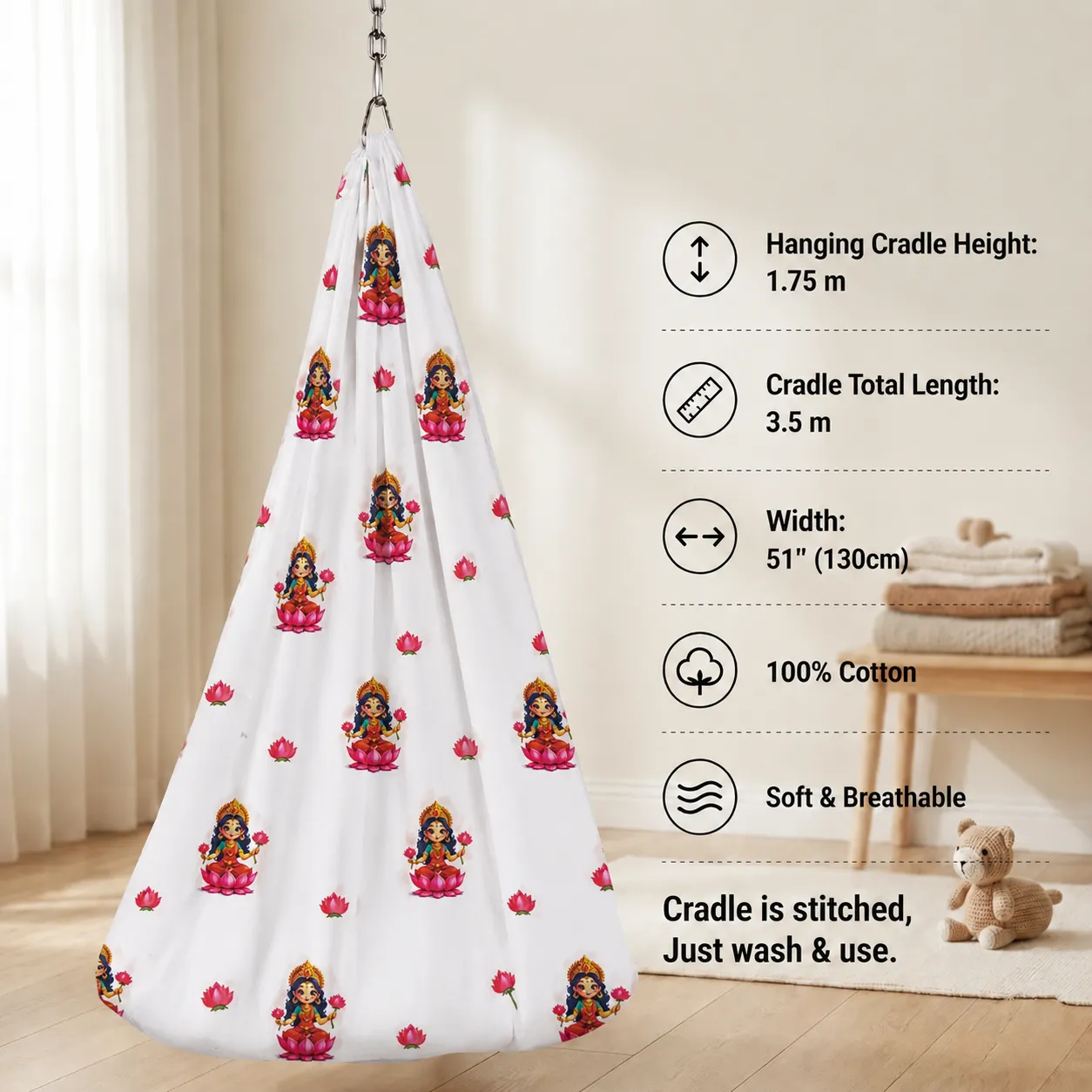 Lakshmi Printed 100% Cotton Baby Thottil/Cradle| YOUNEIK