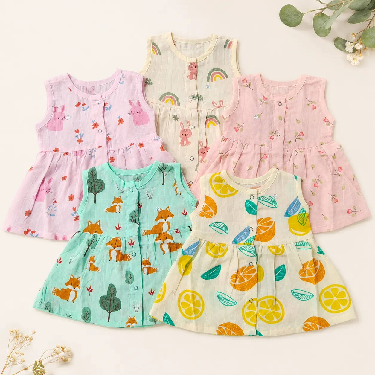 0-3m Muslin Cotton Baby Frock 5-Piece Combo | Solid Colour Printed | 0–3 Months