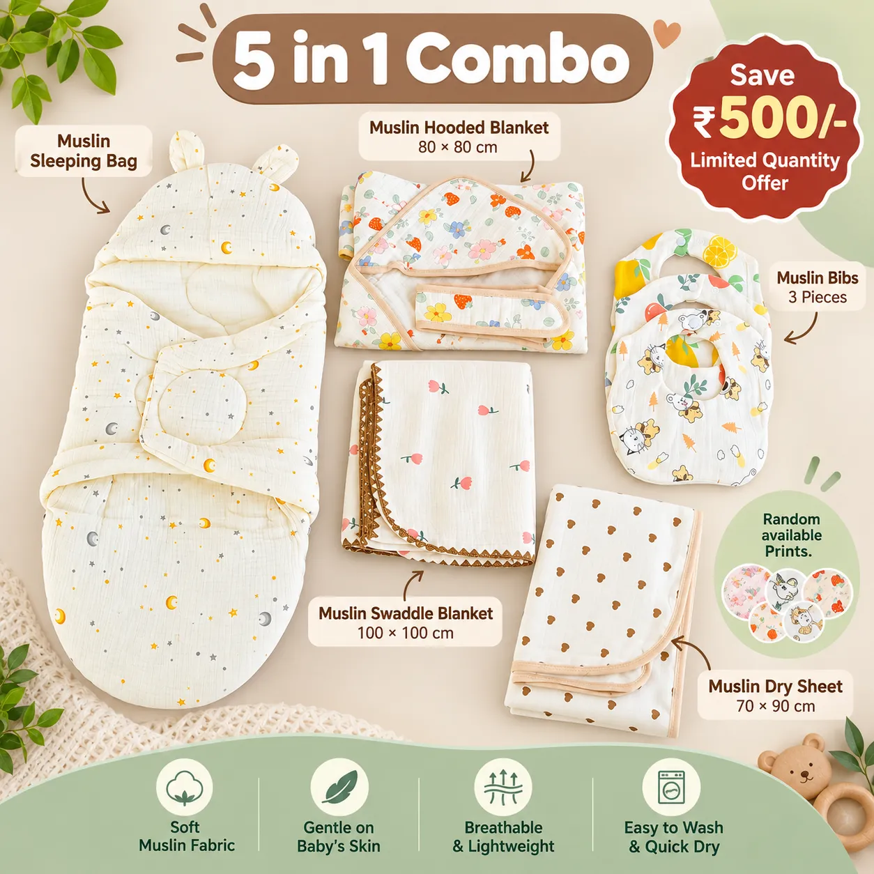 5-in-1 Muslin Newborn Baby Combo Set | Dry Sheet, Swaddle, Blanket, Sleeping Bag & Bibs