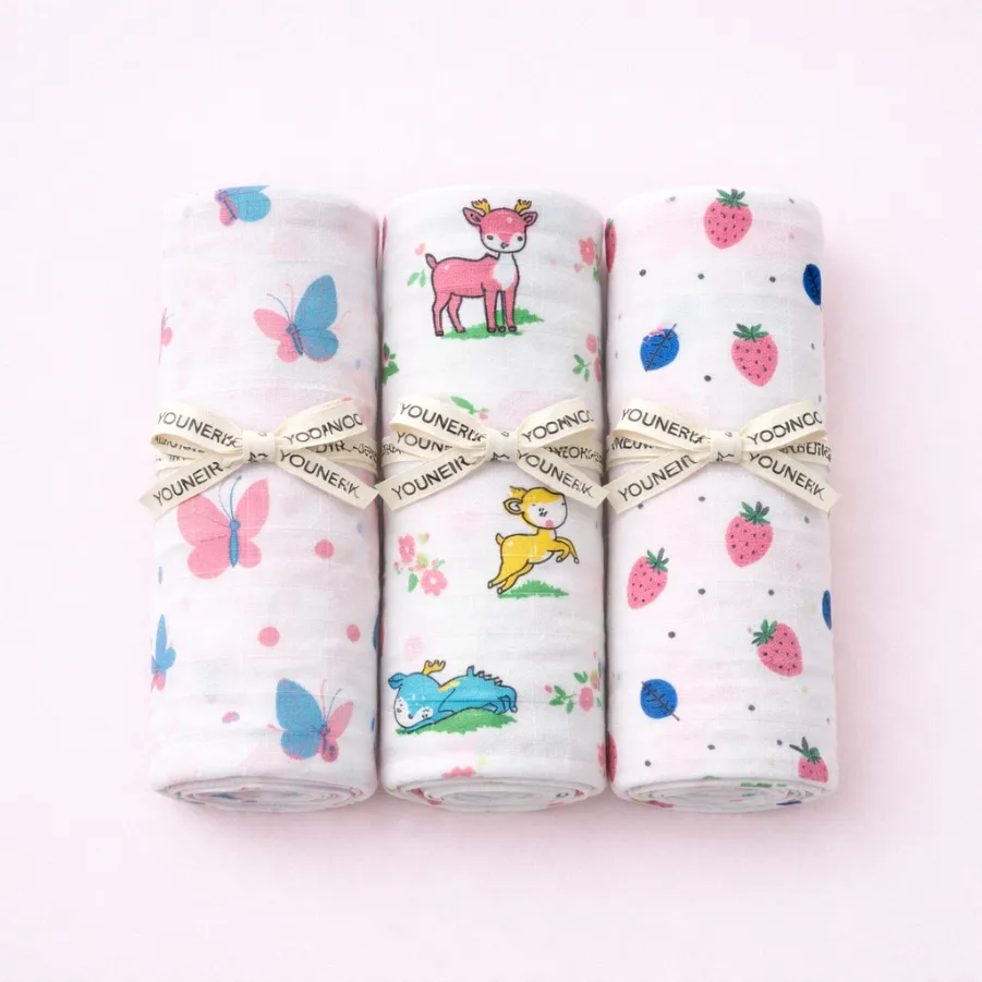 YOUNEIK Muslin Bath Towel Combo Butterfly | Deer | Strawberry
