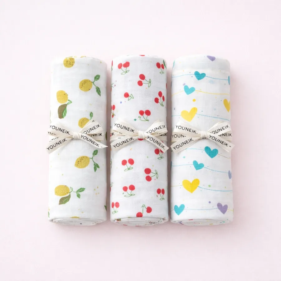 YOUNEIK Muslin Bath Towel Combo Lemon | Cherry | Heart