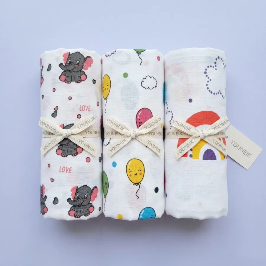 YOUNEIK Muslin Bath Towel Combo Elephant | Baloon | Rainbow
